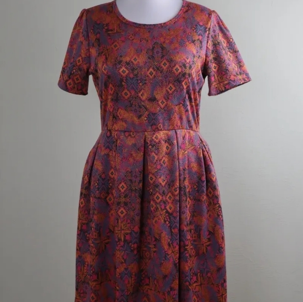 Lularoe stretch knit orange and pink medallion pleated A-line dress